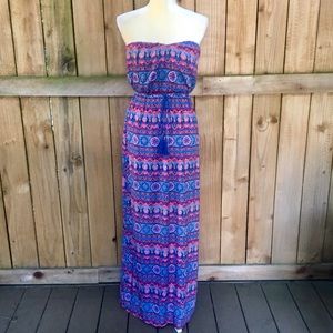 Pink Owl Strapless Boho Festival Maxi Dress NWT